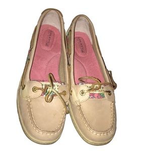 Sperry Top Siders size 8 tan deck shoes multi color trim sequin detail